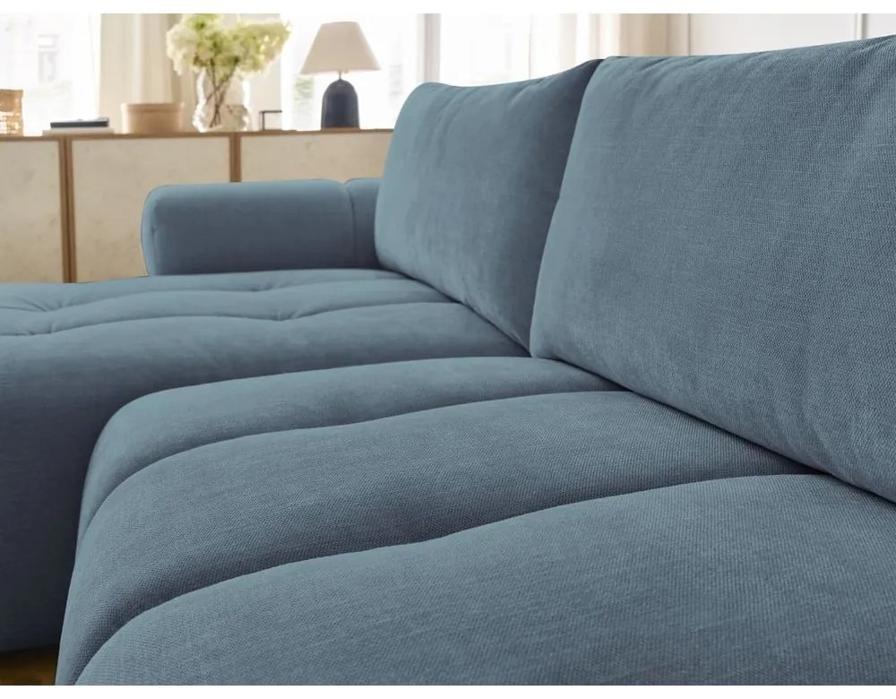 Divano angolare blu allungabile e con contenitore (penisola a sinistra/chaise lounge) con rivestimento in ciniglia Fuji – Bobochic Paris