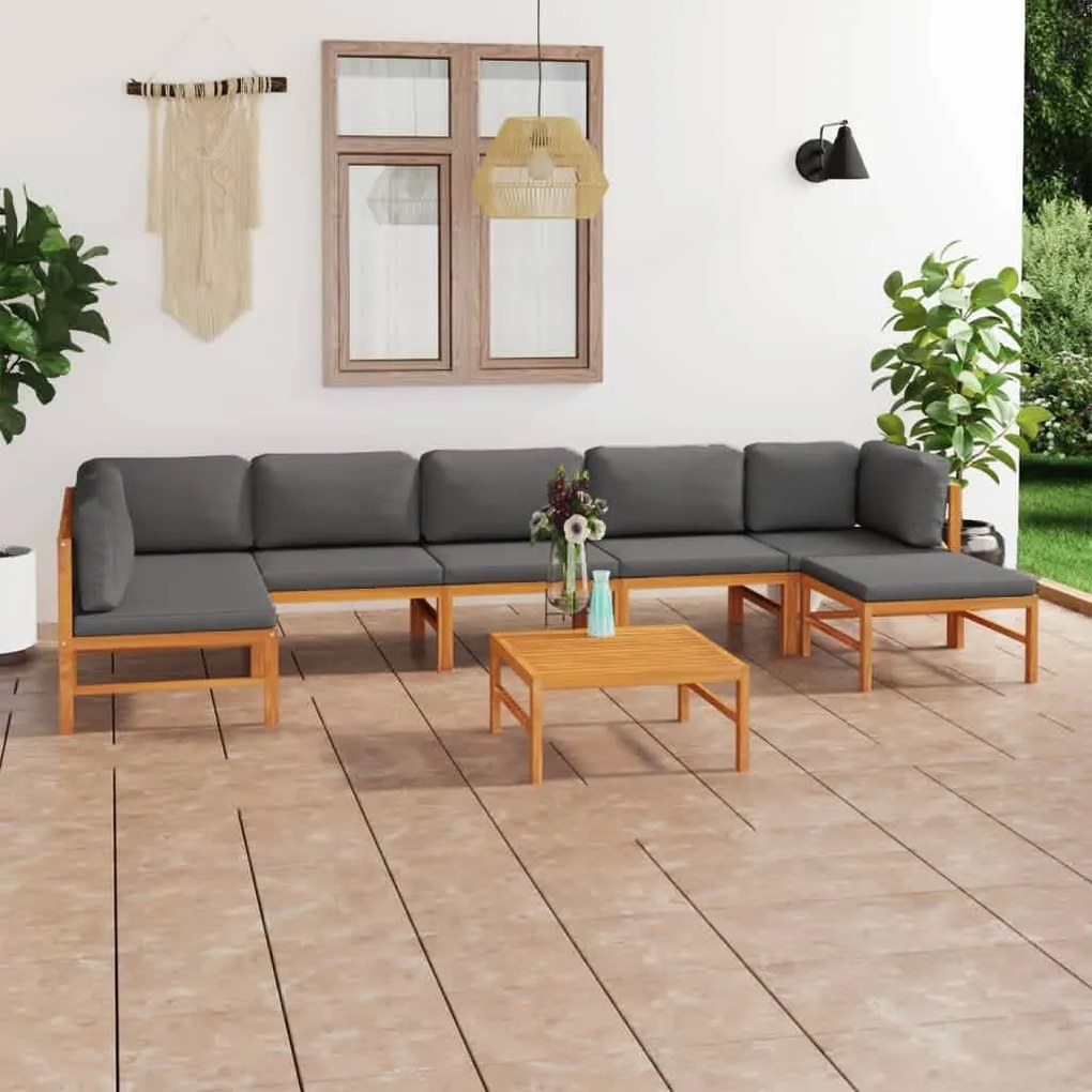 Set Divani da Giardino 8pz Cuscini Grigi Legno Massello di Teak