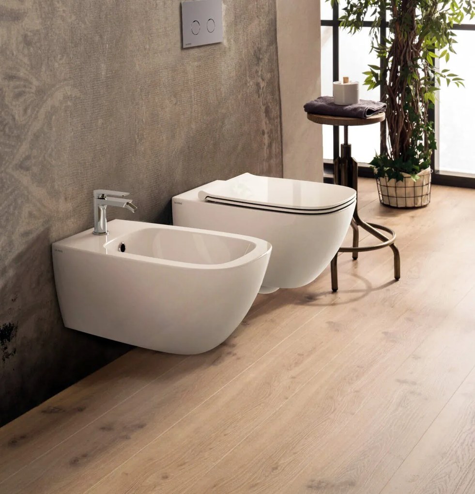 Coppia sanitari Bidet e vaso sospesi con sedile rallentato in duroplast Bianco Genesis Ceramica Globo