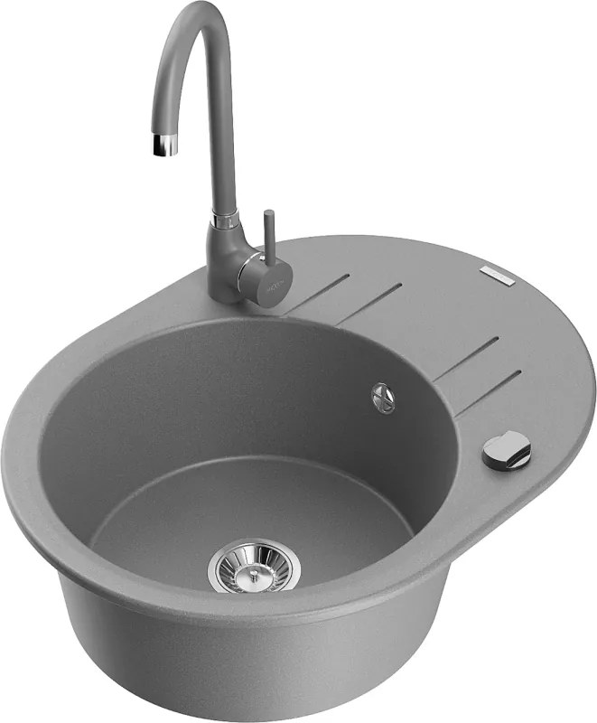 Mexen Kevin lavello in granito a 1 vasca con sgocciolatoio e rubinetto da cucina Telma, grigio - 6517-71-670200-71