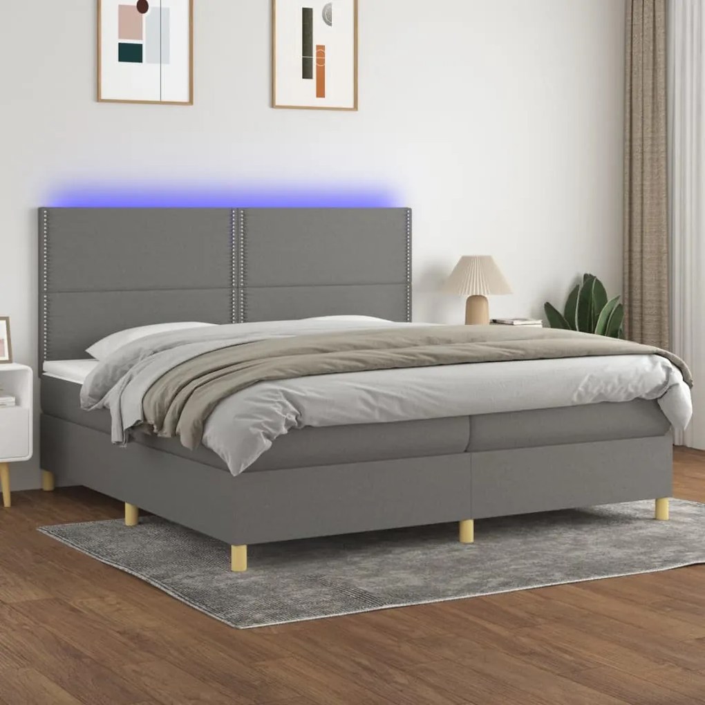 Letto a molle materasso e led grigio scuro 200x200cm in tessuto