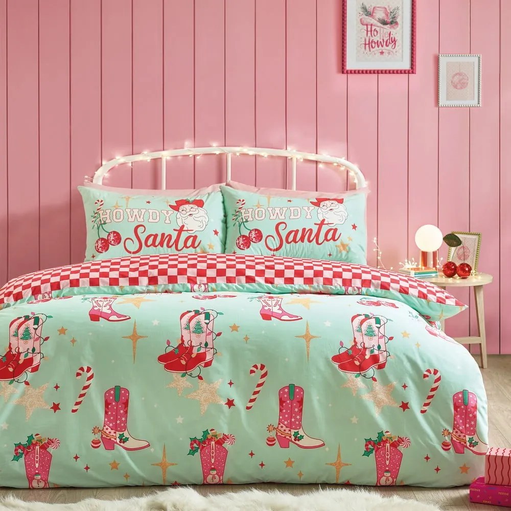 Set copripiumino e federa verde e rosa per letto singolo 135x200 cm Santa's Howdy Christmas – Catherine Lansfield