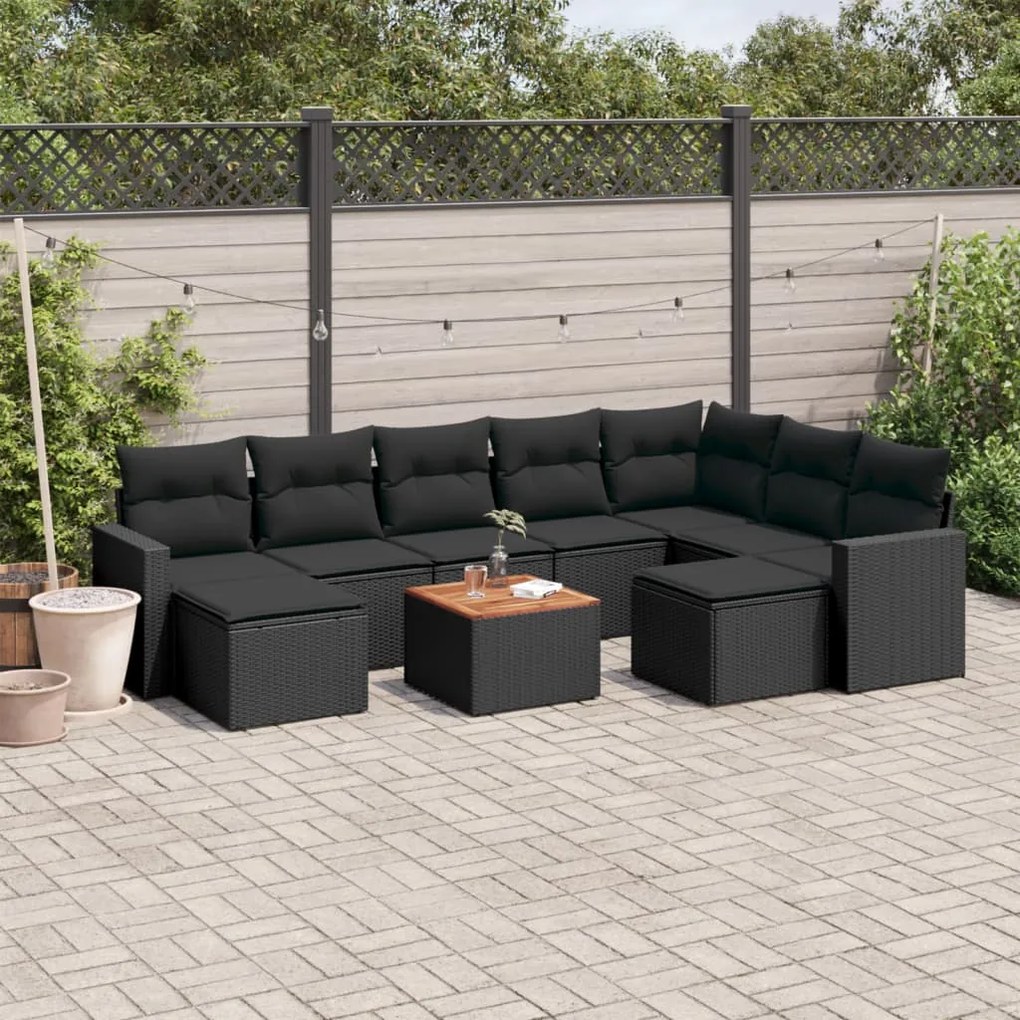 Set divani da giardino 10pz con cuscini in polyrattan nero