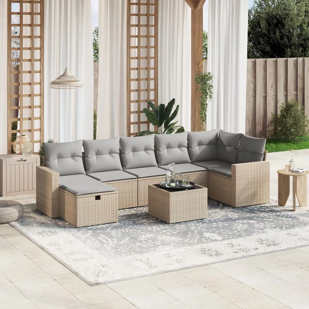 Set divano da giardino 8 pz con cuscini beige misto polyrattan