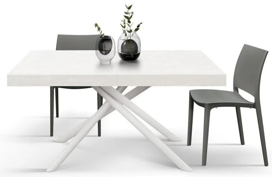 Tavolo CARRARA in legno, finitura bianco frassinato e base in metallo verniciato bianco, allungabile 160×90 cm – 240×90 cm