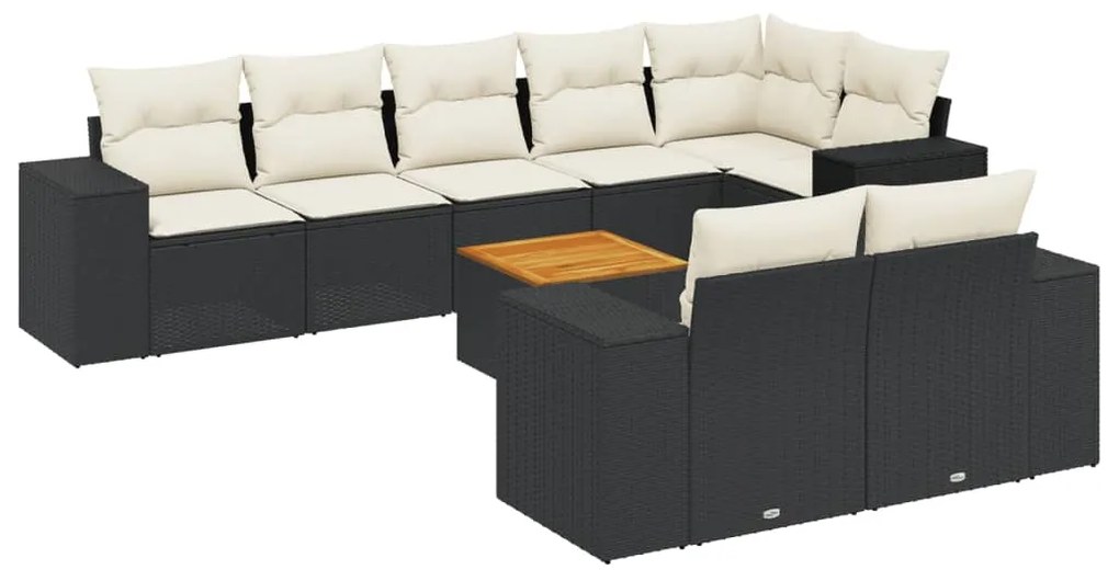 Set divani da giardino 9 pz con cuscini nero in polyrattan