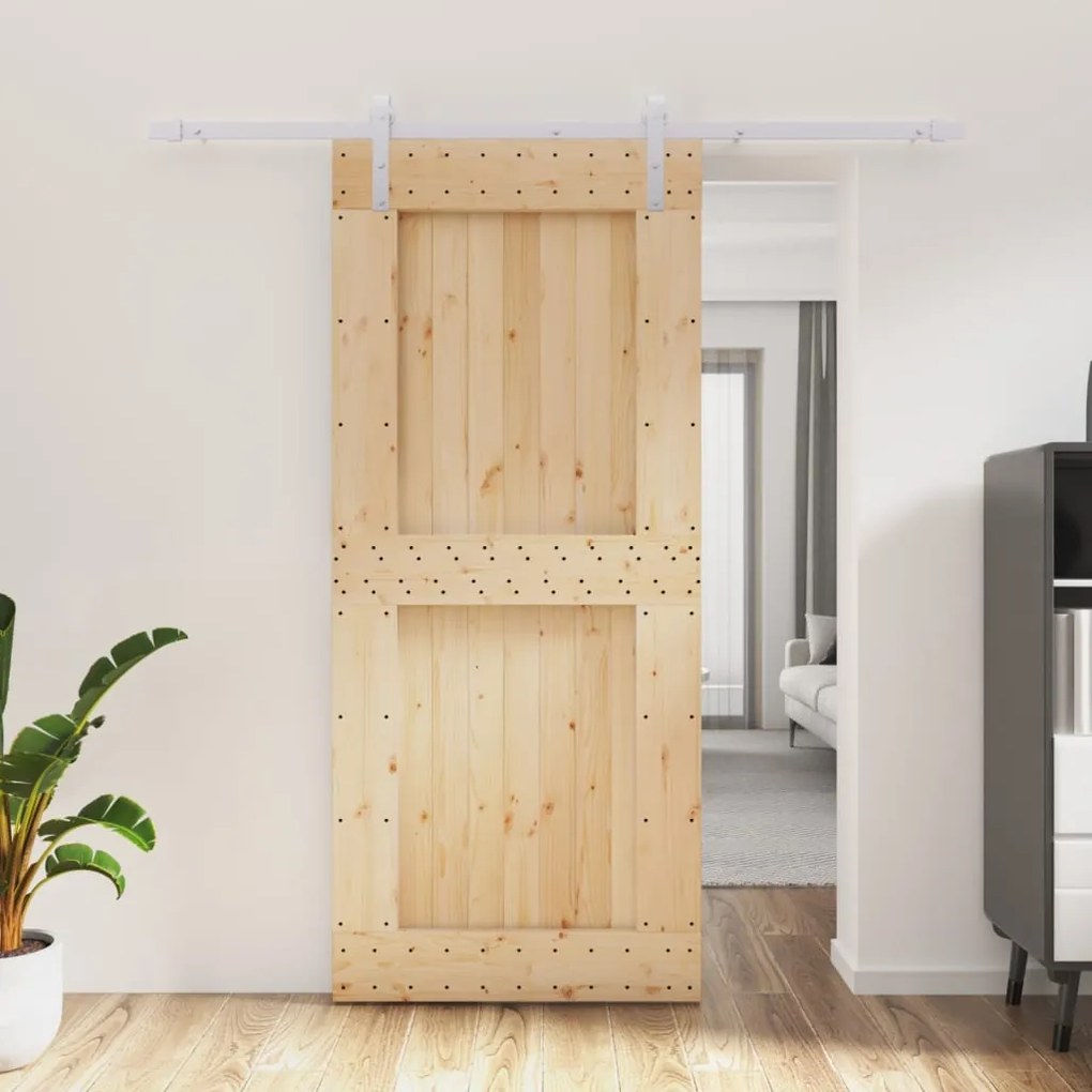 Porta Scorrevole Con Set Hardware 90x210 Cm Legno Massello Pino /