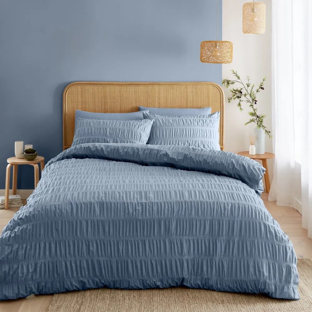 Lenzuola in crêpe blu per letto matrimoniale 200x200 cm Seersucker - Catherine Lansfield