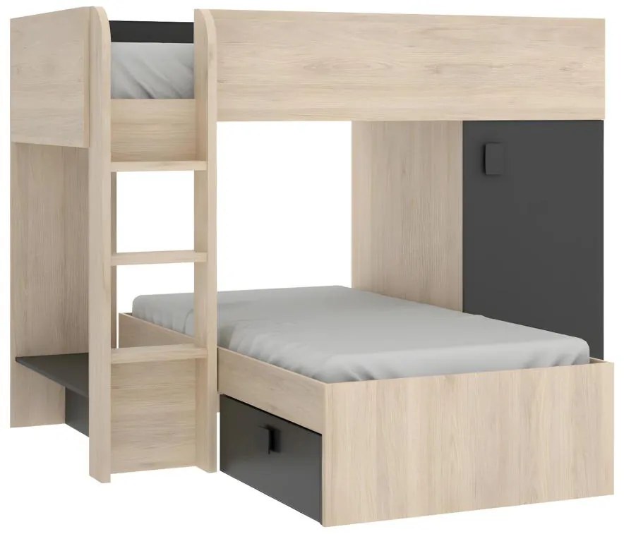 Letto a castello ad angolo reversibile Vani portaoggetti integrati 2 x 90 x 190 cm - Rovere e Antracite - RICARDO
