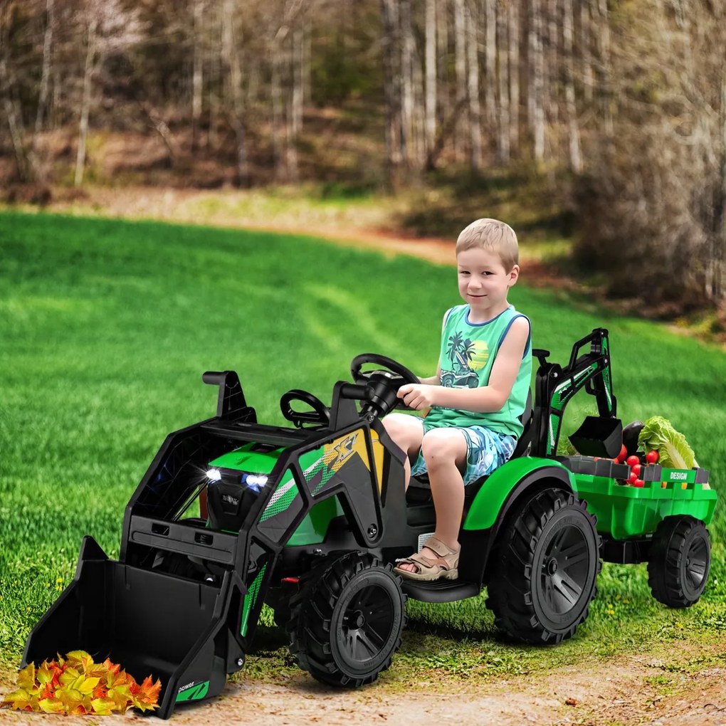 Costway Trattore elettrico da 12 V per bambini con telecomando, Escavatore giocattolo con rimorchio e benna da pala Verde/Giallo