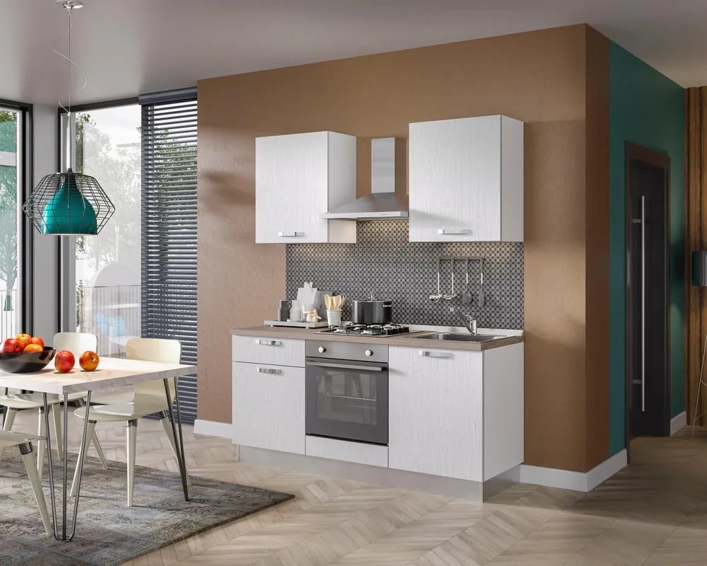 Cucina montata Dora bianco spatolato, lavello reversibile, L 180 cm, completa di: cappa a camino, piano cottura a gas e forno