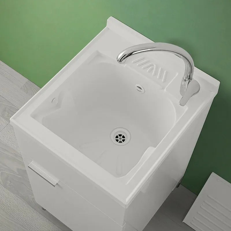 Mobile lavatoio 45x50 bianco con vasca in resina completo di asse lavapanni