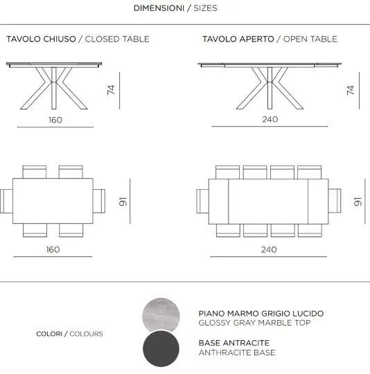 Tavolo allungabile a 240 cm in pietra effetto marmo Grigio SKY