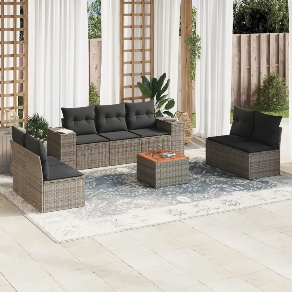 Set divano da giardino 8 pz con cuscini grigio in polyrattan