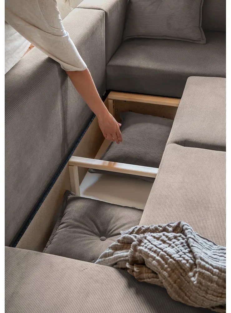 Divano letto angolare in velluto a coste marrone chiaro (angolo destro a forma di U) Lazy Lukka - Miuform