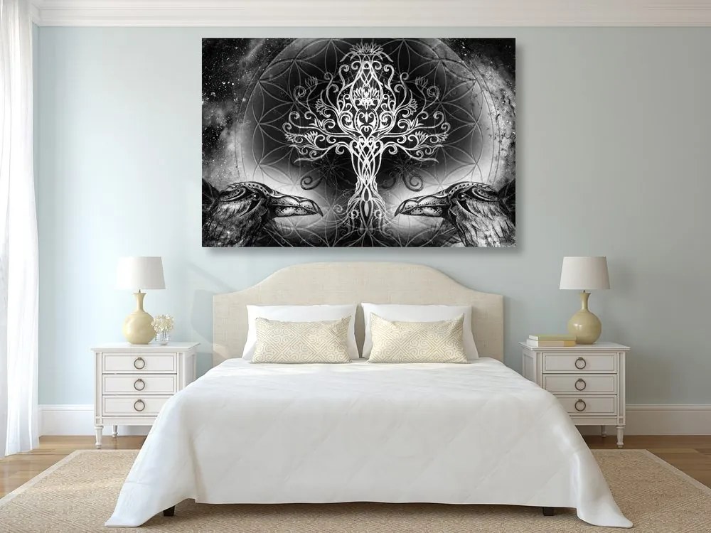 Quadro su tela – Corvi e albero della vita in bianco e nero