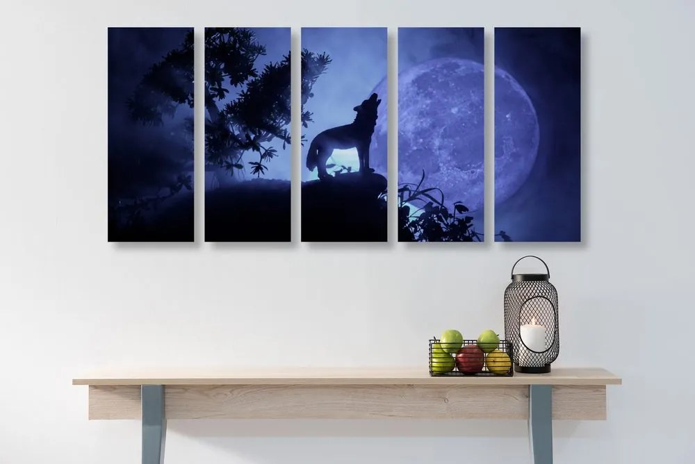 Quadri 5 pezzi – Lupo alla luna piena