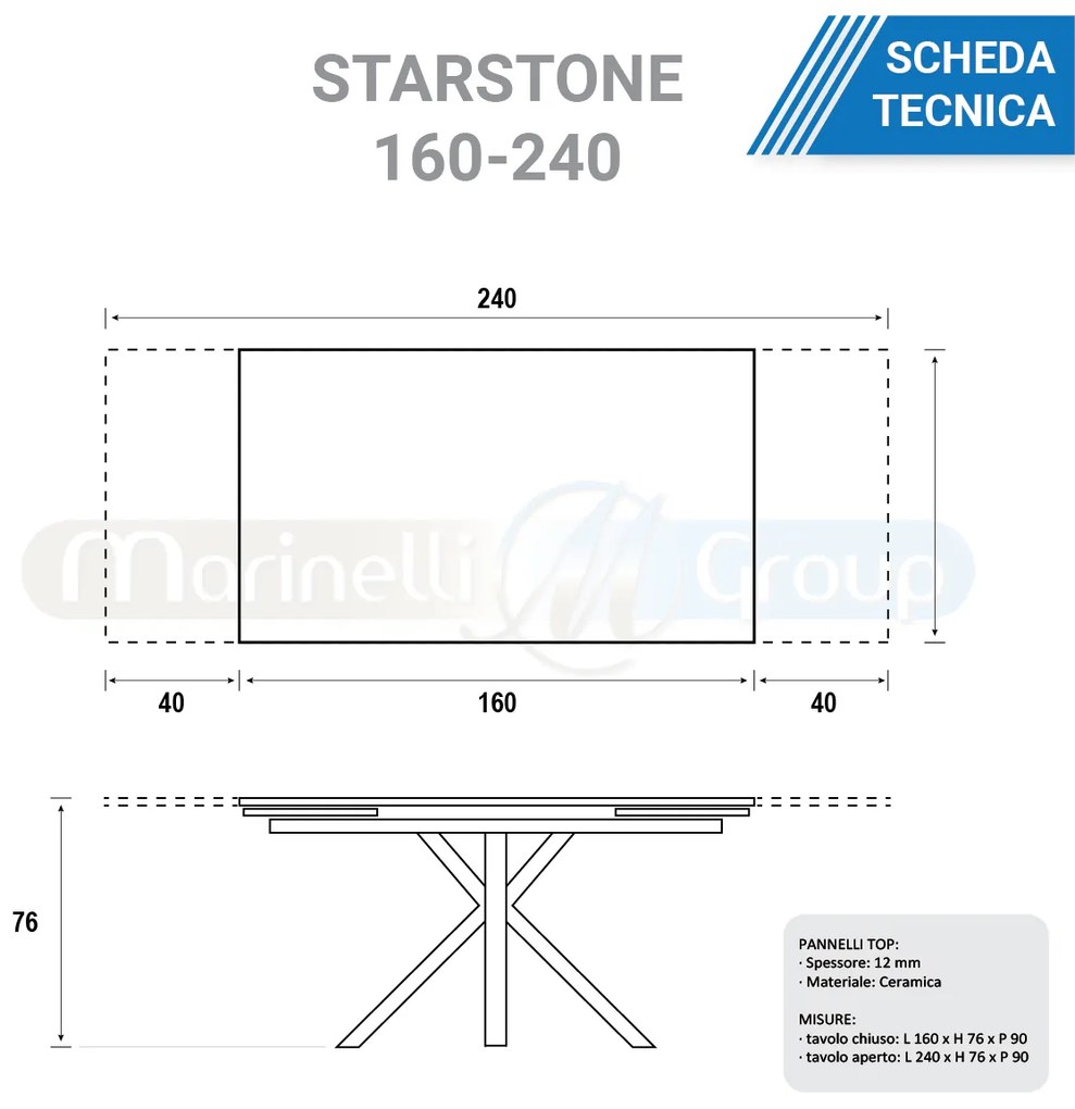 Tavolo allungabile in ceramica da 160 a 240 cm Calacatta Grey gambe in acciaio Starstone