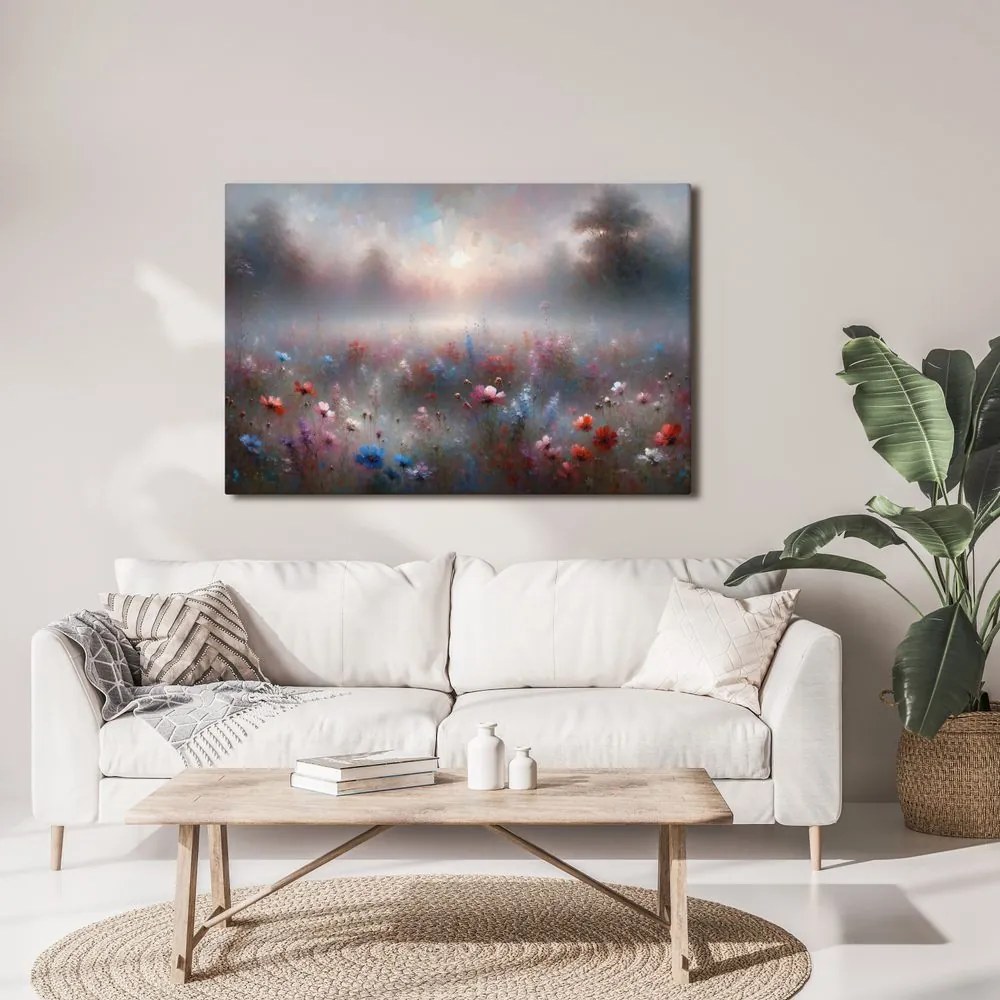 Quadro su tela – Prato nebbioso con fiori