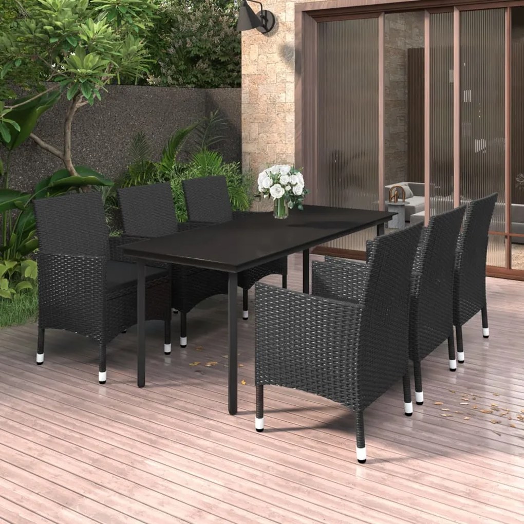 Set da pranzo da giardino 7 pz e cuscini in polyrattan e vetro