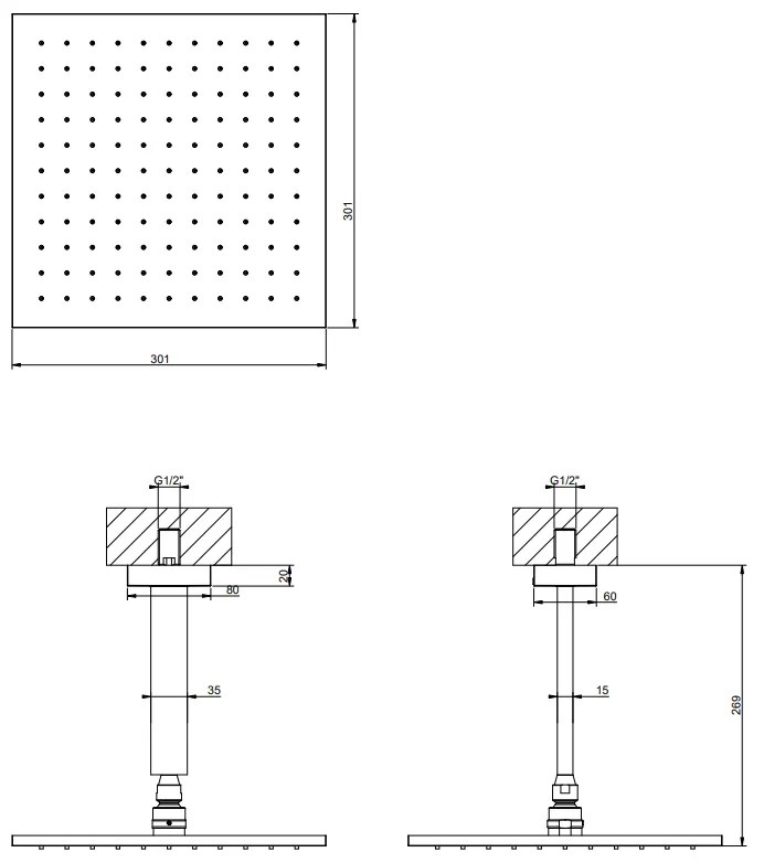 Soffione doccia 30x30 quadro anticalcare a soffitto orientabile cromo 15186 gessi