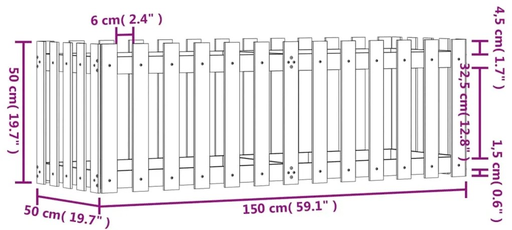 Fioriera Giardino a Recinzione Nera 150x50x50cm Massello Pino