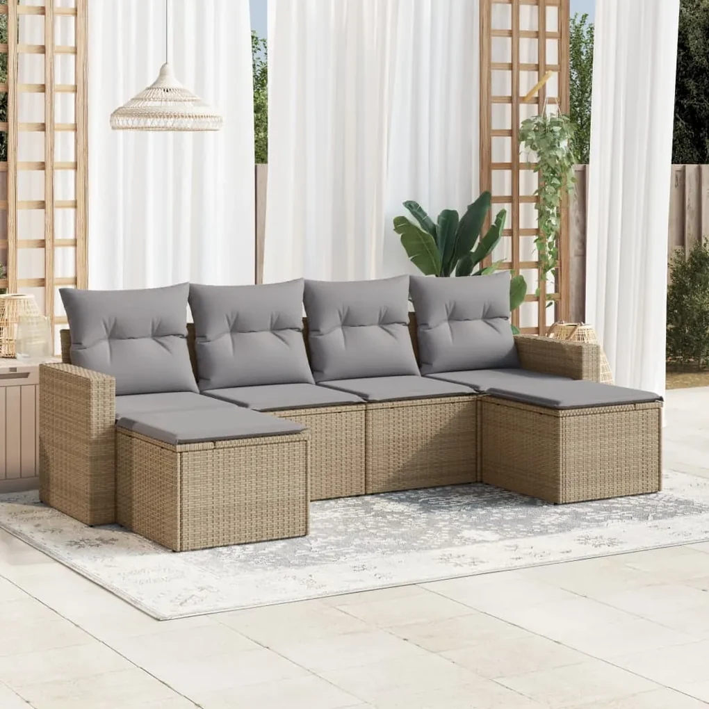 Set divano da giardino 6 pz con cuscini beige in polyrattan