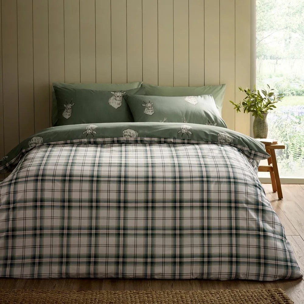 Set copripiumino e federa verde per letto matrimoniale e per letto esteso 230x220 cm Stag Check – Catherine Lansfield