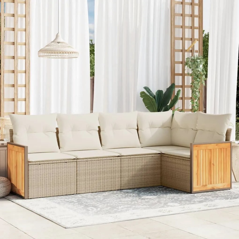 Set Divano da Giardino 5 pz con Cuscini Beige in Polyrattan