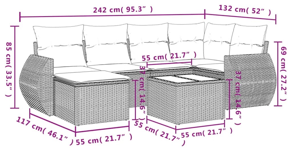 Set divani da giardino con cuscini 7pz nero polyrattan