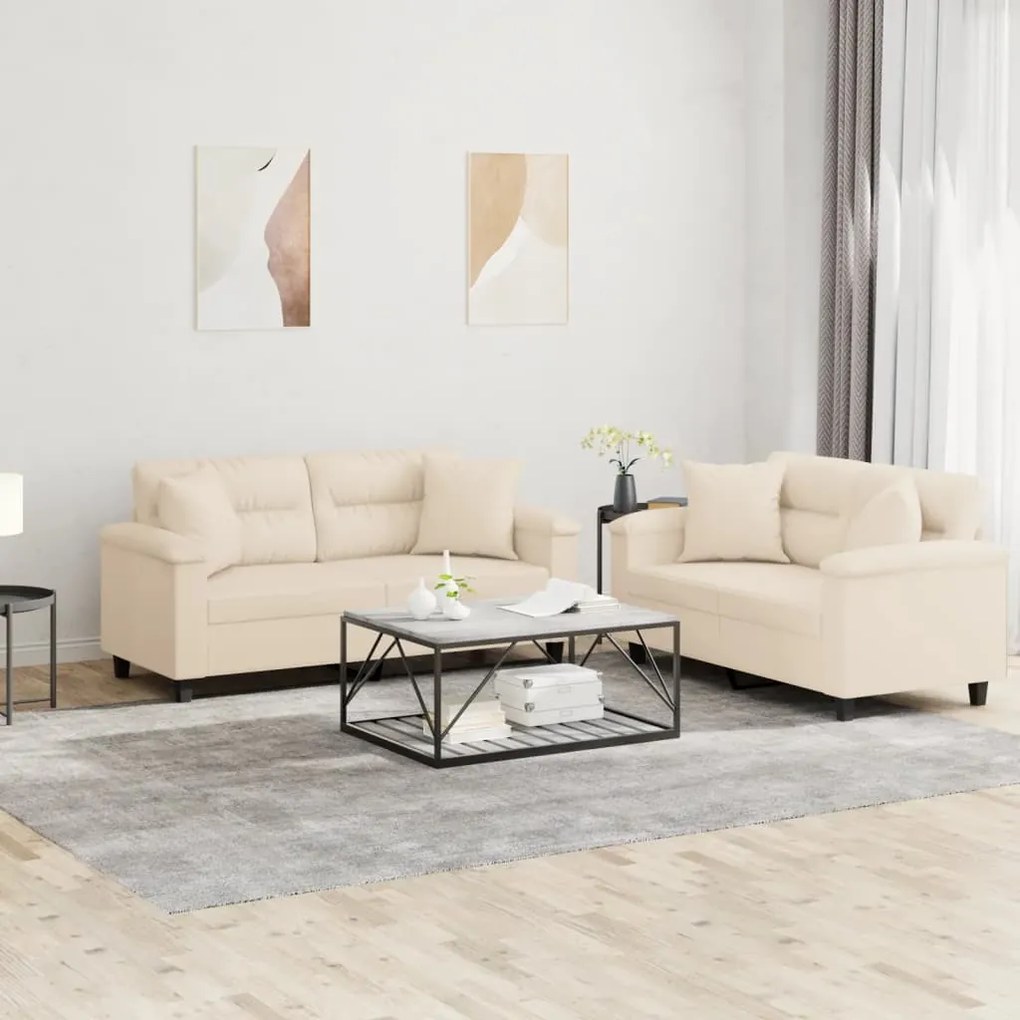 Set Divani 2 Pz Con Cuscini Beige İn Tessuto Microfibra /