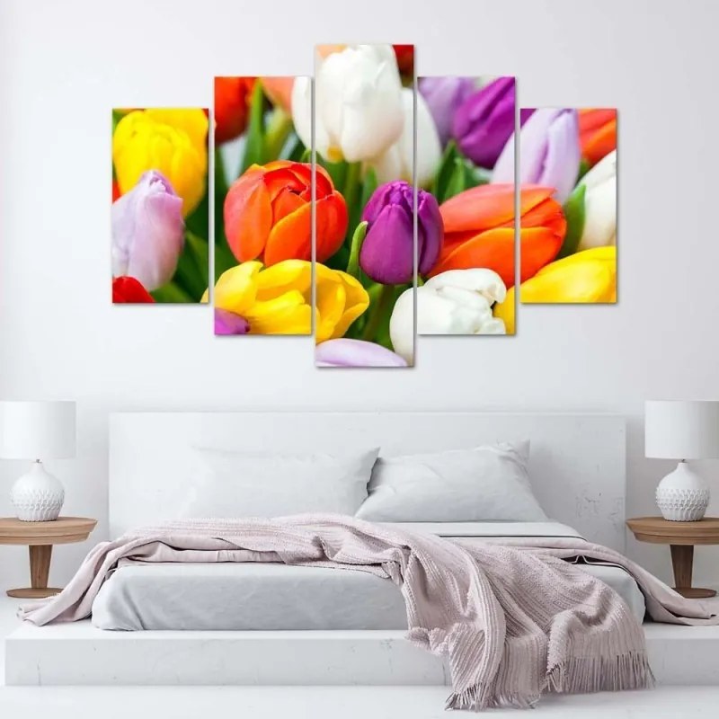 Quadri Quadro 5 pezzi Stampa su tela Fiori di tulipani colorati  Dimensioni 200x100