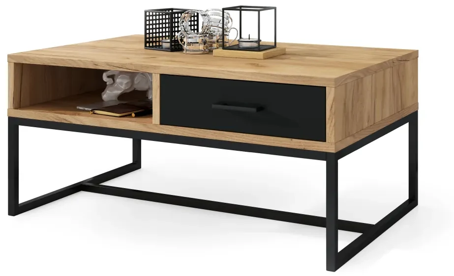 Tavolino Da Caffè Con Cassetto, Design Rustico Moderno, 55 X 56 X 32 Cm, Legno Di Pino Massello Nero Dec039695 88841658