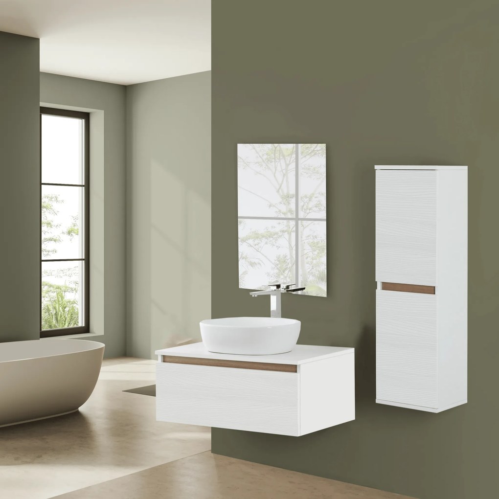 Mobile Bagno Sospeso 80 Cm Un Cassetto Specchio a Filo 80x60 Cm Feridras "Revital" Bianco Frassinato/Rovere