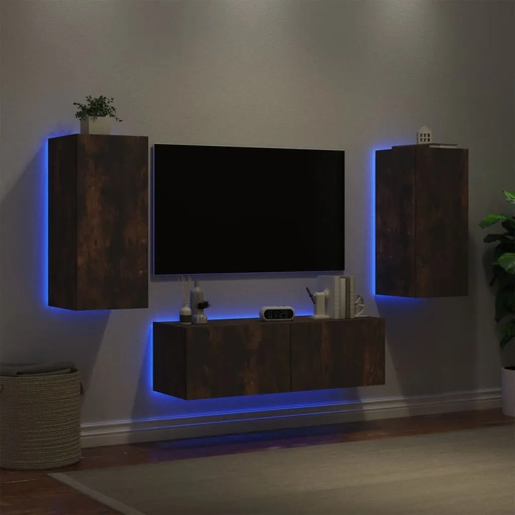 Mobili TV a Muro 3pz con Luci LED Rovere Fumo