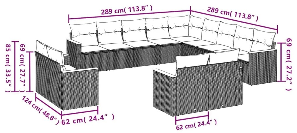 Set divani da giardino 13pz con cuscini nero in polyrattan