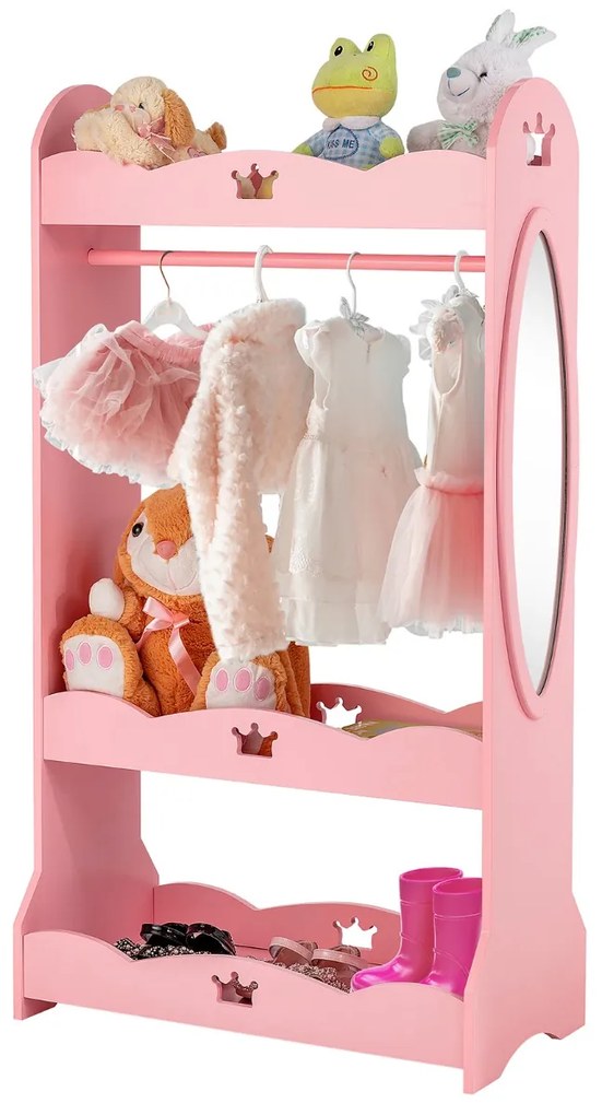 Costway Armadio con specchio e appendiabiti per bambini, Mobile organizer giocattoli e vestiti con disegni di corona Rosa