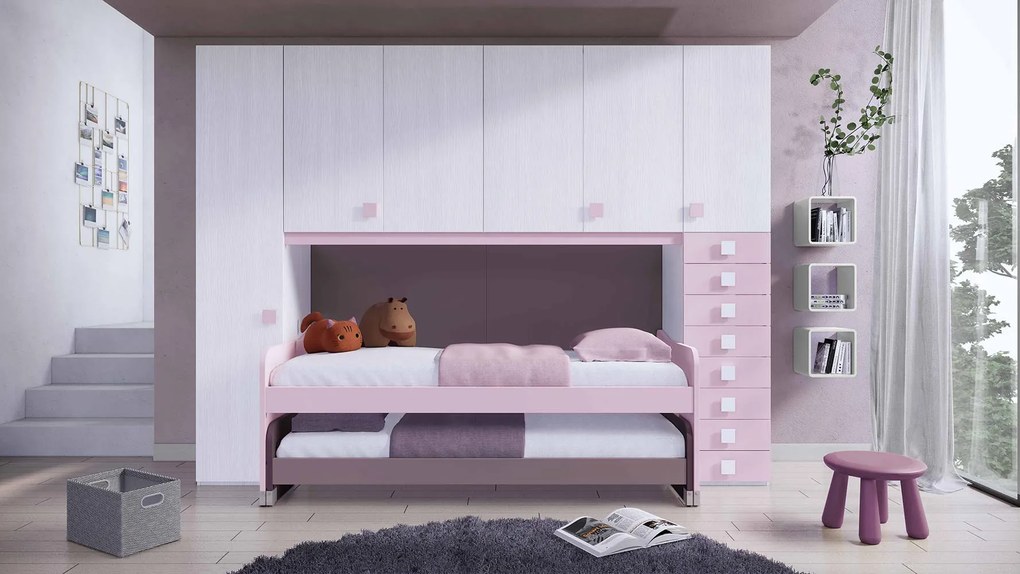 Cameretta a ponte rosa Cipria, Violetta e Bianco frassino, 2 posti letto
