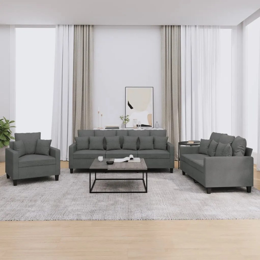 Set Di Divani 3 Pz Con Cuscini Grigio Scuro İn Tessuto /
