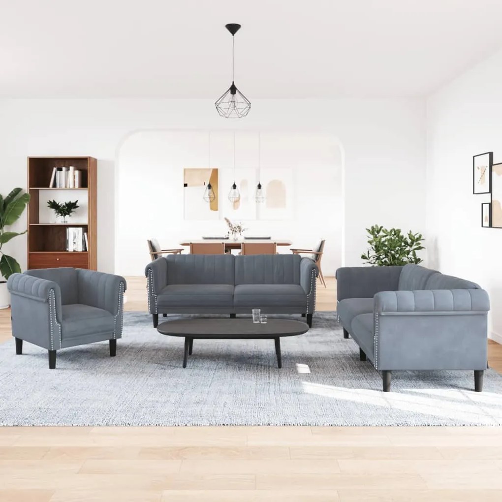 Set di divani 3 pz grigio scuro in velluto