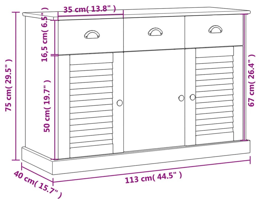 Credenza Cassetti VIGO 113x40x75 cm Legno Massello Pino Grigio