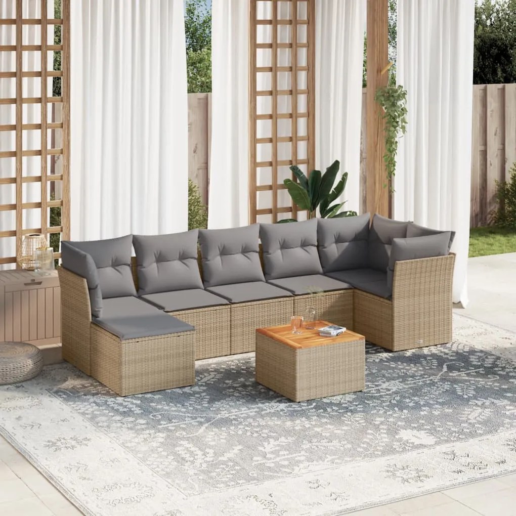 Set Divano da Giardino 8 pz con Cuscini Beige Misto Polyrattan