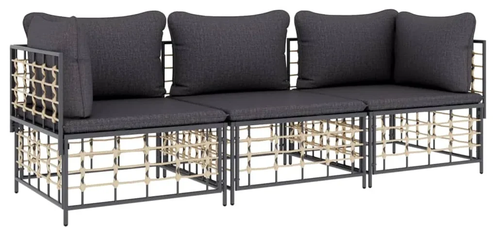 Set divani da giardino 3 pz con cuscini antracite in polyrattan