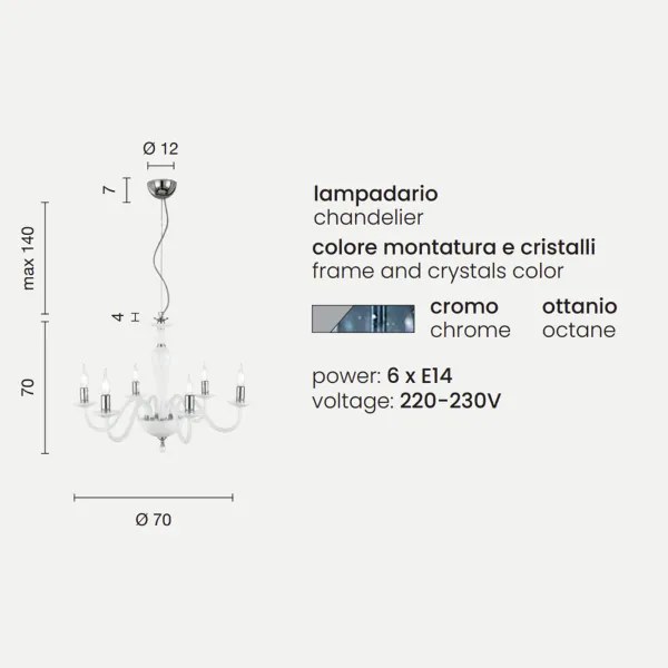 Lampada a sospensione PAGANINI a 6 LUCI in vetro lavorato a mano D70 cm OTTANIO