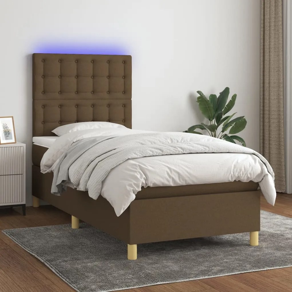 Letto a molle materasso e led marrone scuro 100x200 cm tessuto