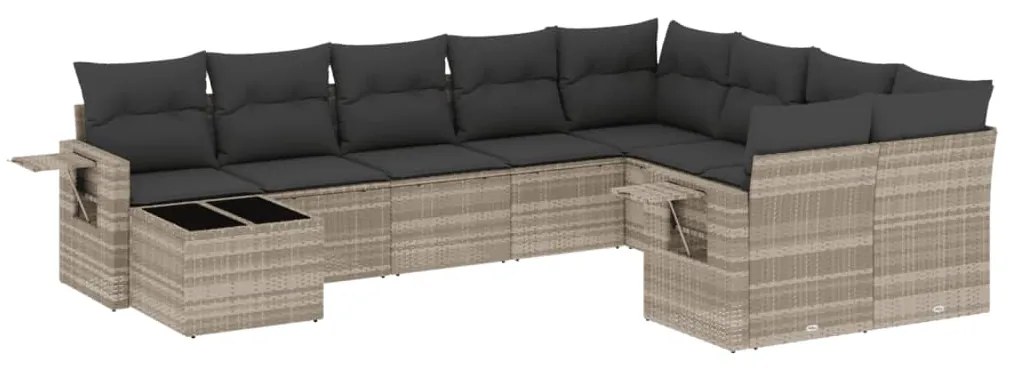 Set divano giardino 10 pz con cuscini grigio chiaro polyrattan