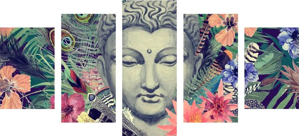 Quadri 5 pezzi – Buddha su sfondo esotico