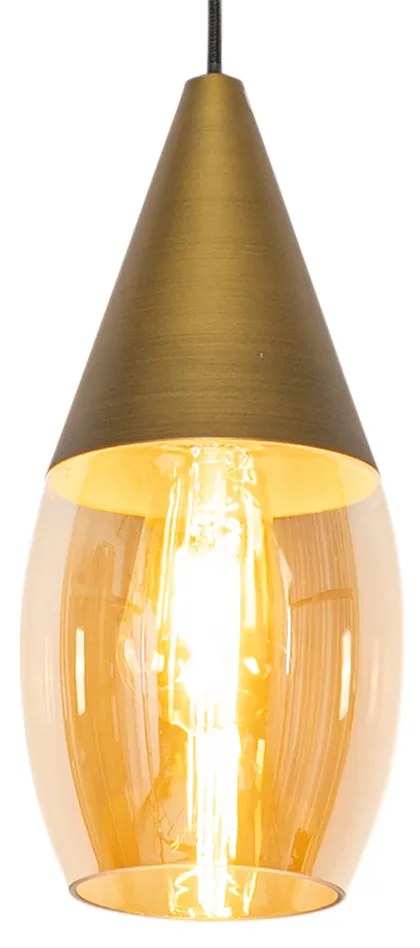 Lampada a sospensione moderna oro con vetro ambrato - Drop