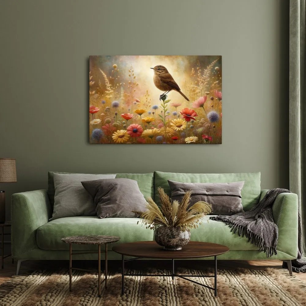 Quadro su tela – Prato estivo con uccellino