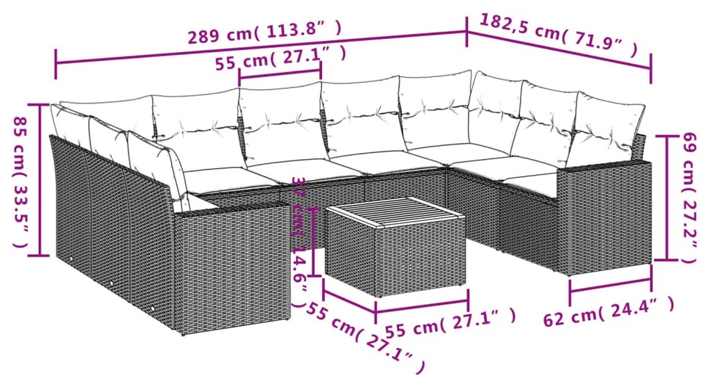 Set divano da giardino 10 pz con cuscini beige in polyrattan